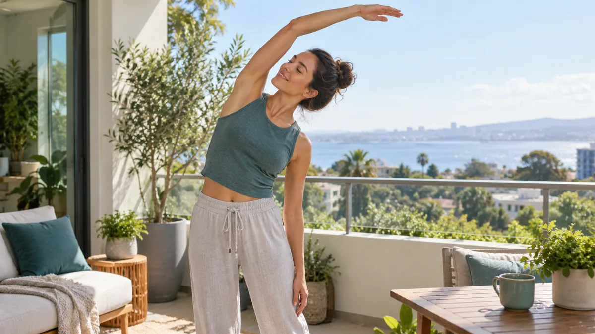 A woman doing an easy standing side stretch on a sunny apartment balcony in the morning