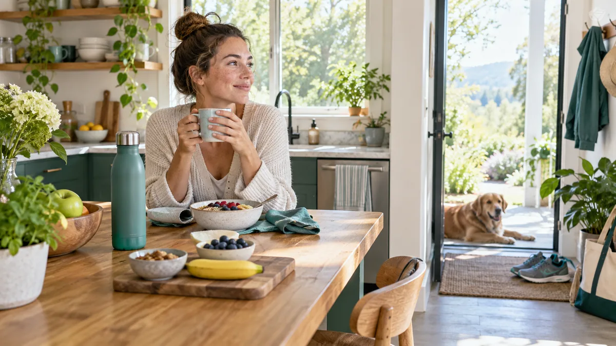 A bright morning kitchen with breakfast, a reusable water bottle and walking shoes by the doorway