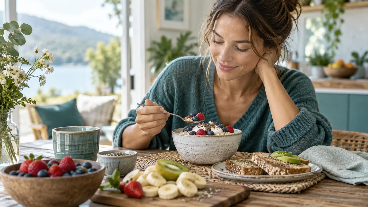 Overnight oats with berries and yogurt, whole grain toast and fresh fruit on a breakfast table