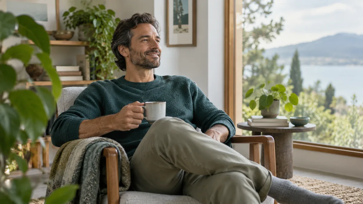An adult man seated comfortably on a chair near a window in a calm home, relaxed open eyes