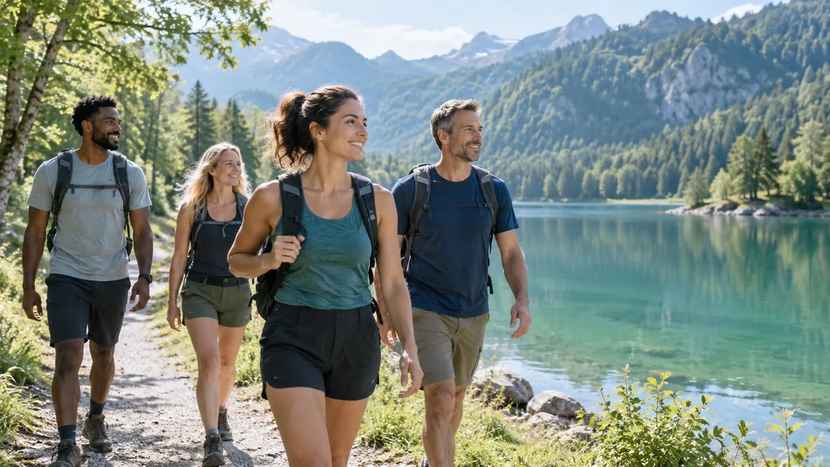 A small group of adults taking a relaxed walk beside a green lake on a sunny morning
