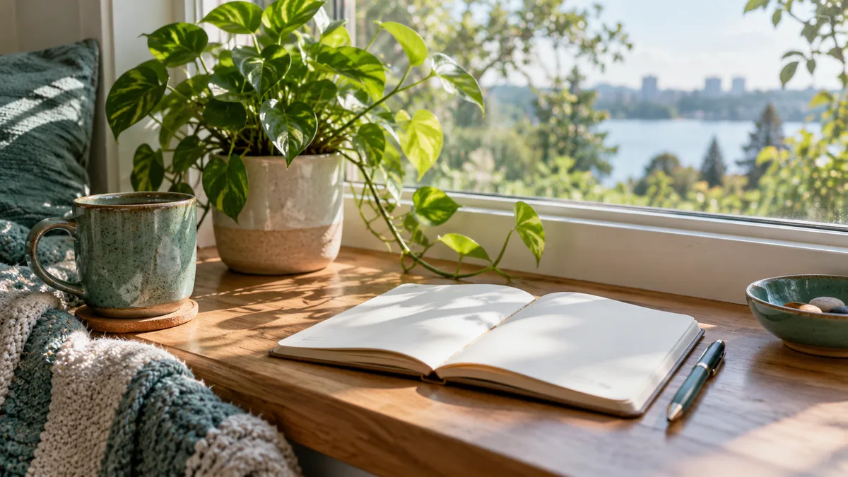 A blank notebook beside a small green plant growing toward the light on a windowsill