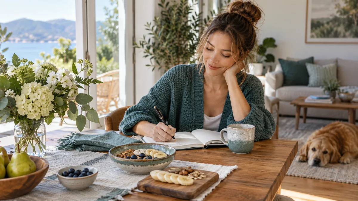 A Sunday morning table with a journal, simple breakfast and flowers, cozy uncluttered home
