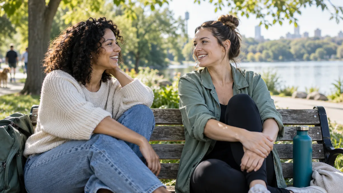 Two friends having an easy conversation on a park bench, candid warm everyday moment