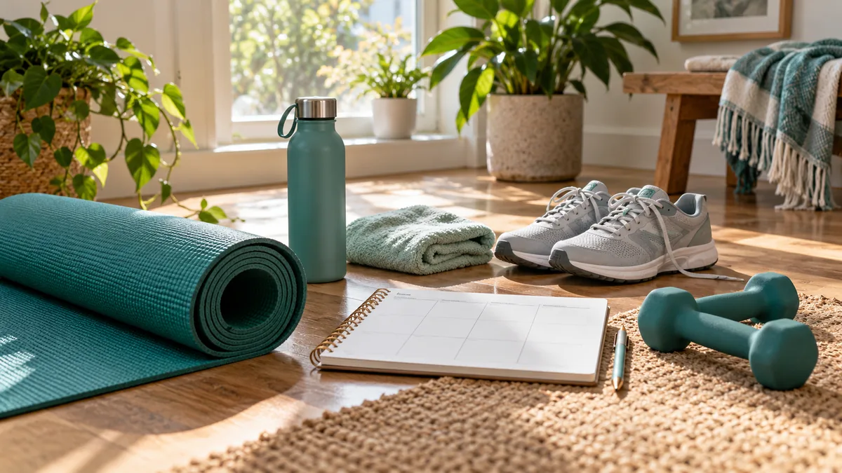 Yoga mat, walking shoes, light dumbbells and a blank weekly planner arranged in natural window light