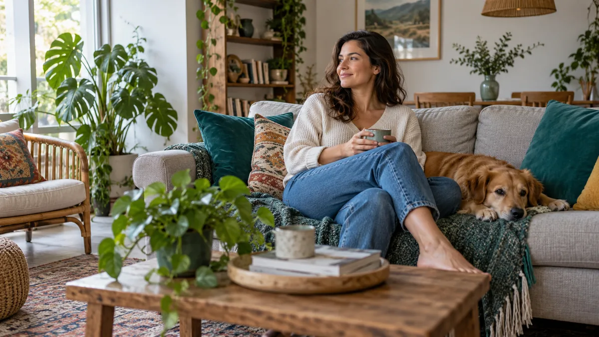 A welcoming modest living room with green plants, colorful cushions and soft daylight