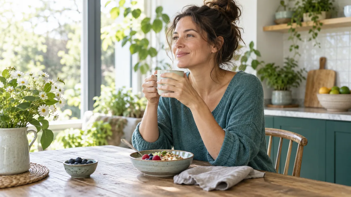 An adult woman enjoying a simple breakfast at a sunlit kitchen table before her day