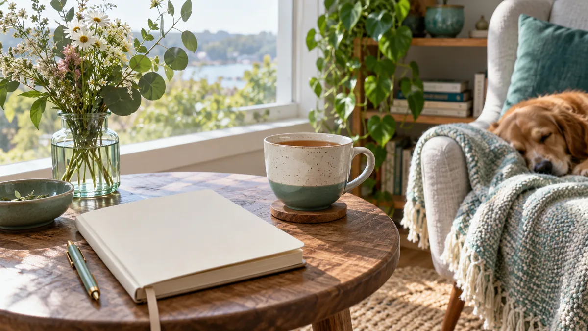 A cup of tea, blank journal and small vase of flowers on a personal corner table