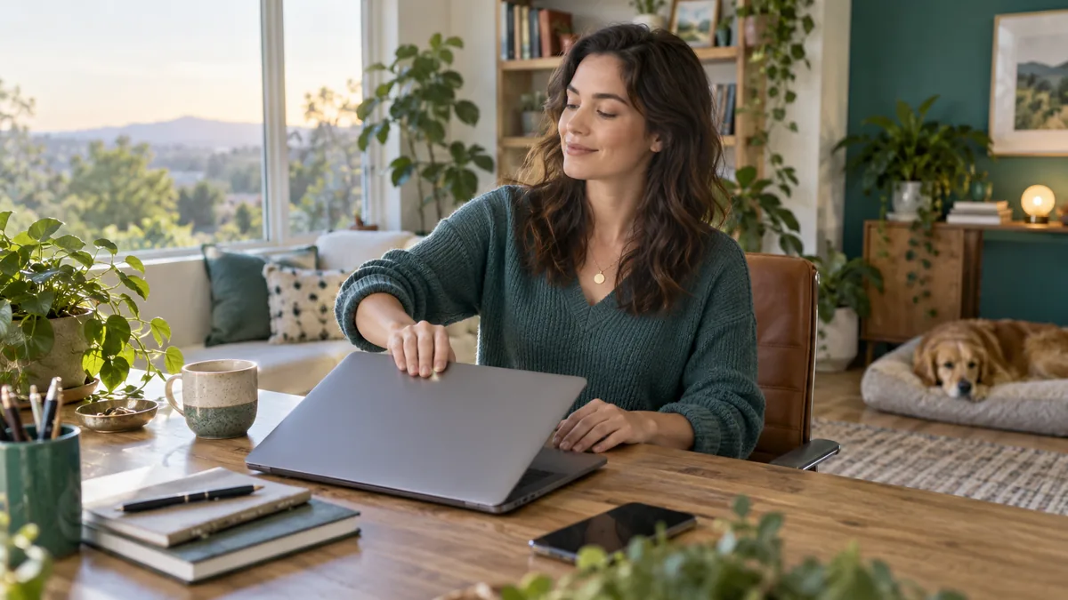 A woman closing her laptop at the end of a workday in a welcoming home office
