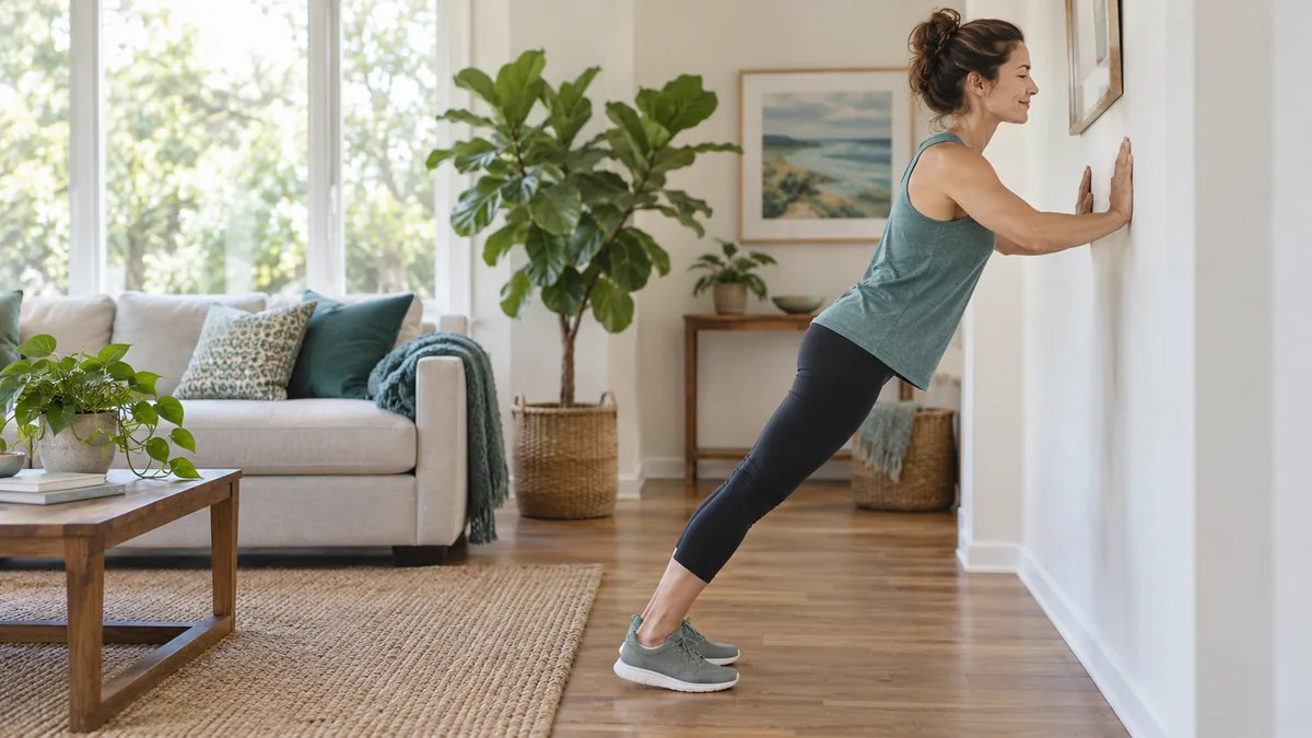 An adult woman performing a wall push-up in a bright uncluttered living room