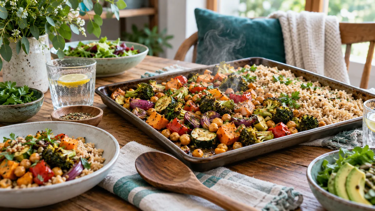 A steaming colorful sheet-pan dinner with roasted vegetables, chickpeas and brown rice on a cozy table