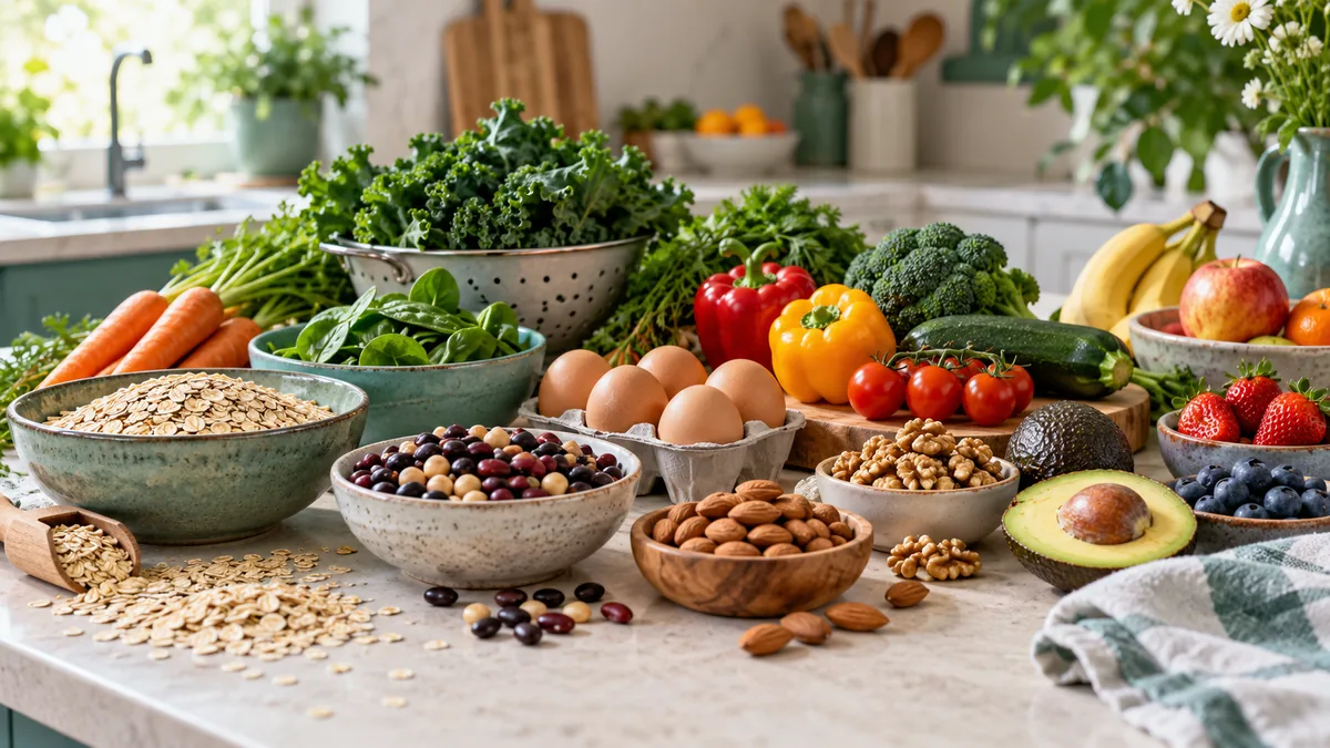 A colorful arrangement of beans, oats, eggs, nuts, fresh vegetables and fruit on a cream kitchen counter