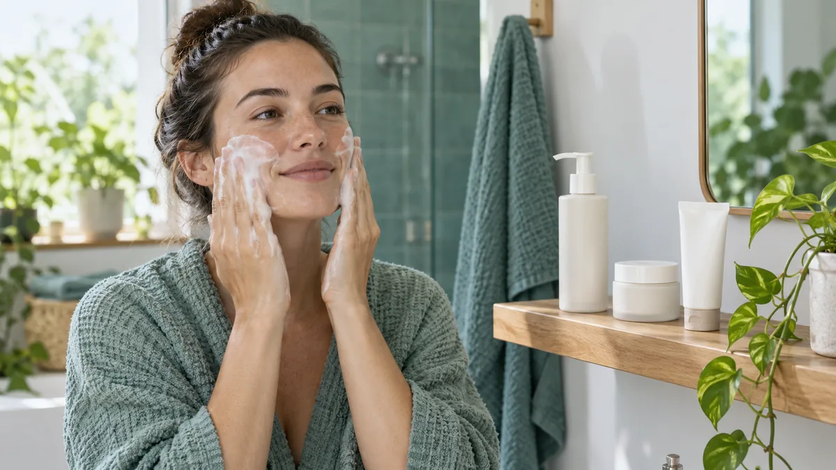 Unbranded gentle cleanser, plain moisturizer and sunscreen containers on a clean bathroom shelf