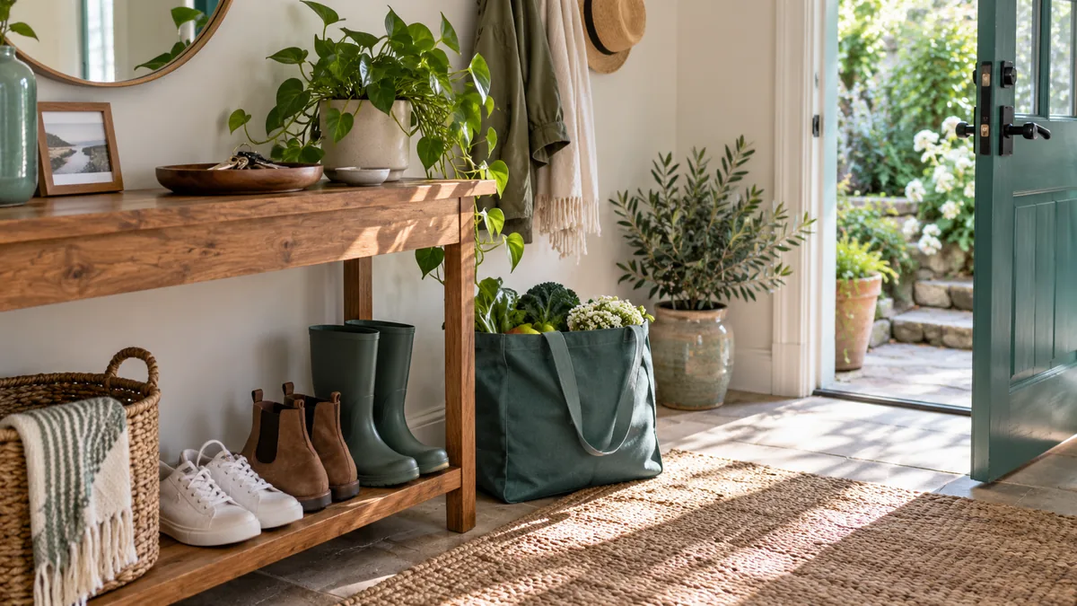 A simple organized entryway with shoes, key tray and reusable shopping bag