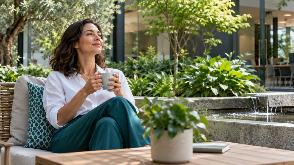 An adult office worker taking a peaceful break in a courtyard with leafy plants