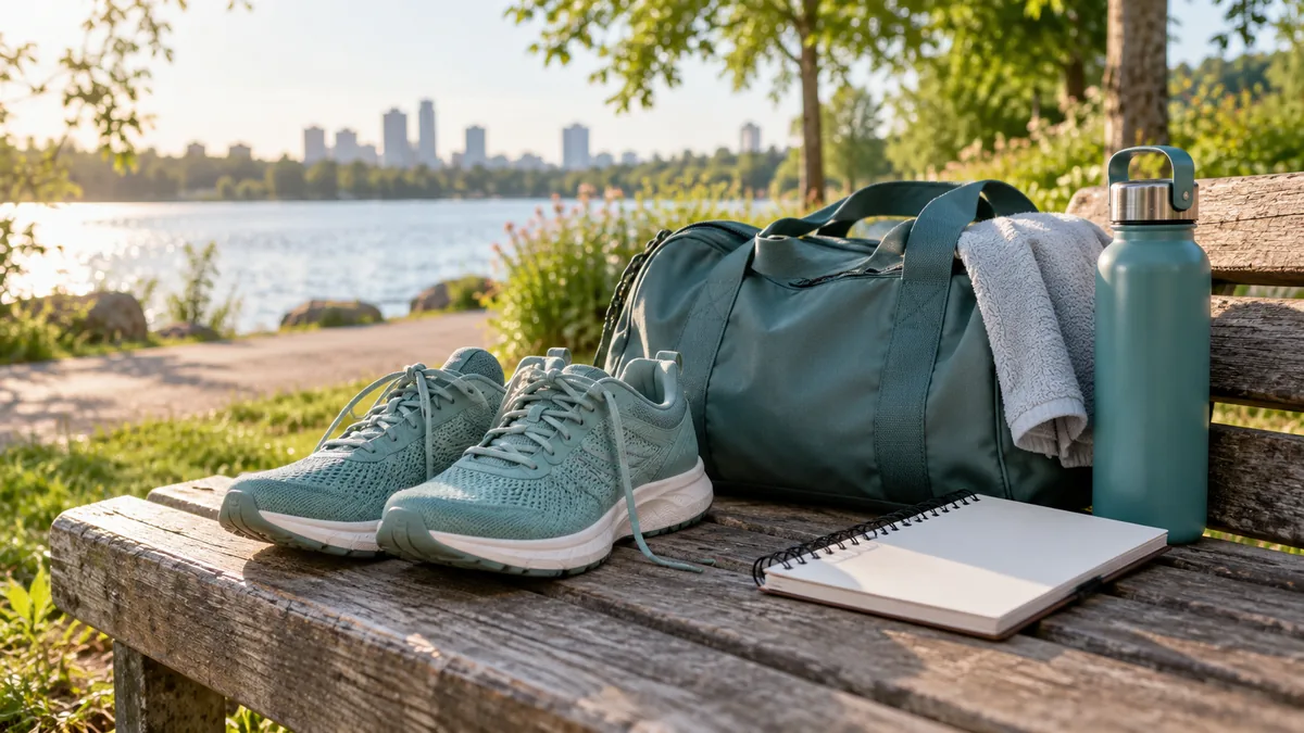 A pair of walking shoes beside a gym bag and a simple blank notebook on a wooden bench