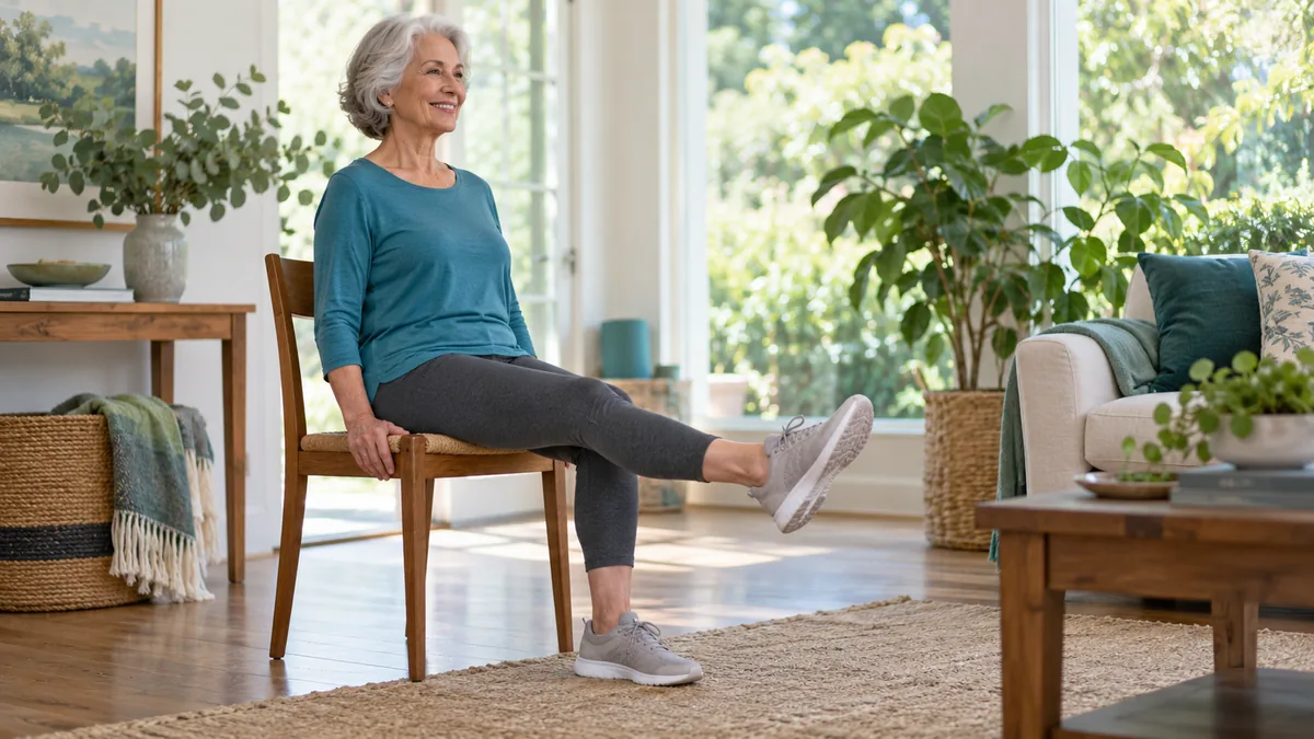 A smiling older woman sitting upright on a sturdy chair and gently extending one knee in a bright room