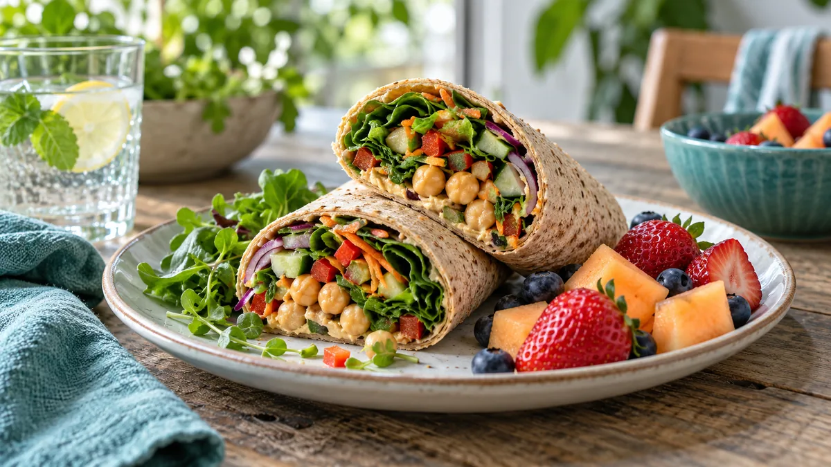 A whole grain lunch wrap cut in half with chickpeas, greens and vegetables, with fruit on the side