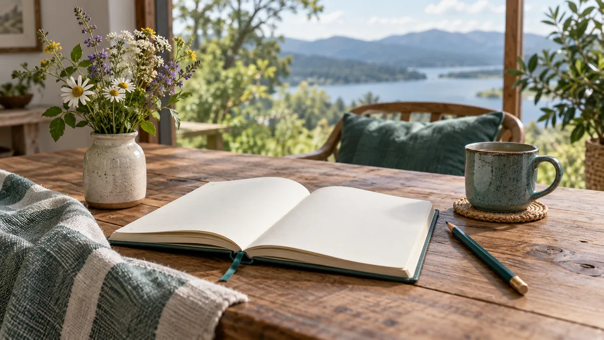 A blank gratitude journal beside a pencil and small vase of wildflowers on a wooden table