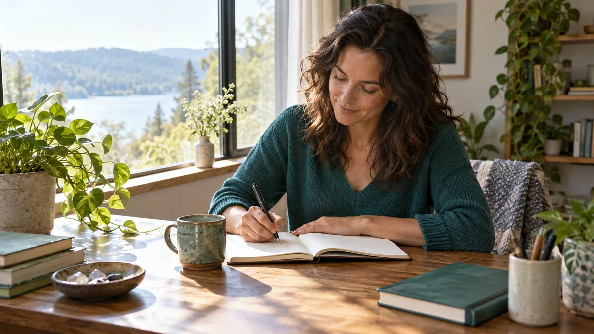 An adult person writing privately in a journal at a warm wooden desk beside a window