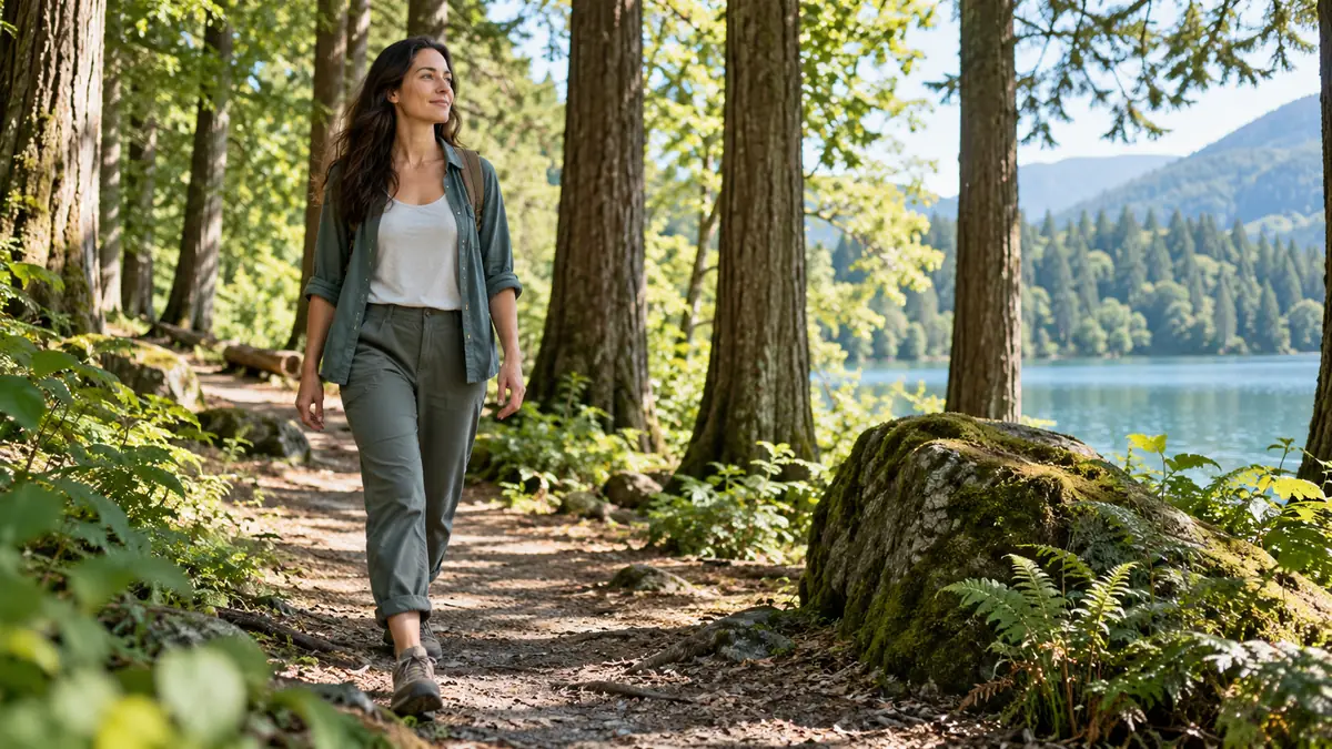 An adult woman walking slowly among tall sunlit trees in a quiet park