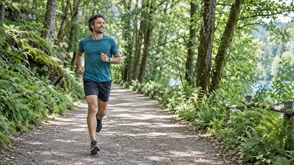An adult man enjoying a jog on a wide woodland path surrounded by greenery