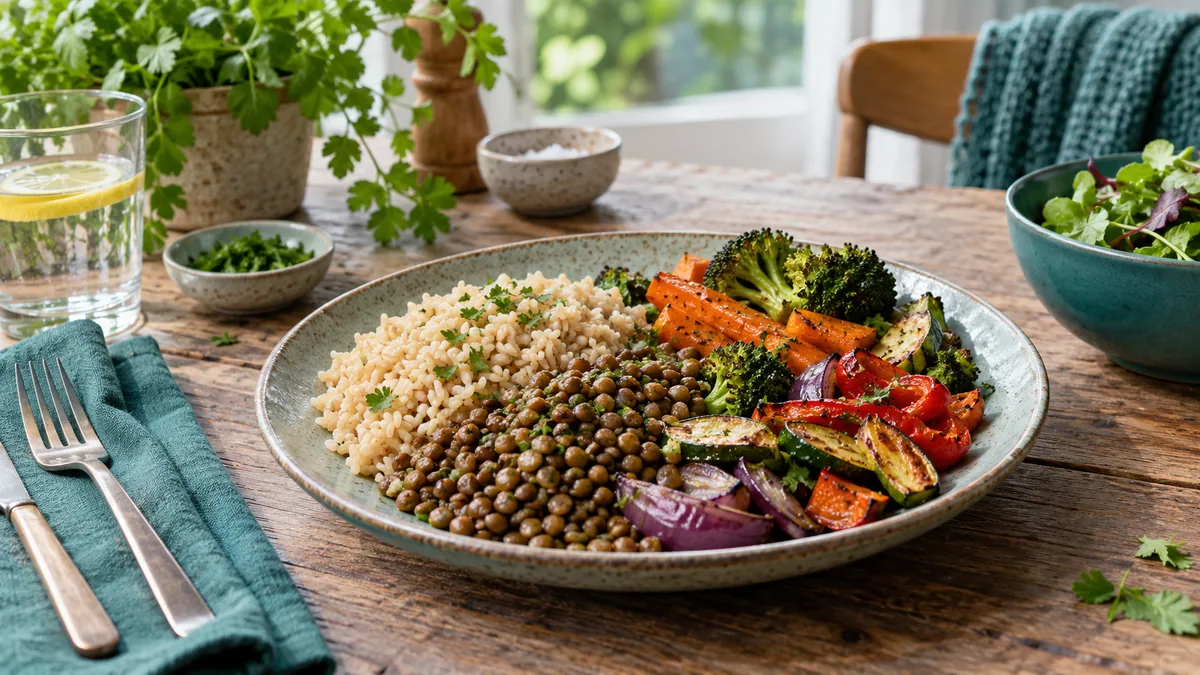 A simple balanced dinner plate with brown rice, cooked lentils and colorful roasted vegetables