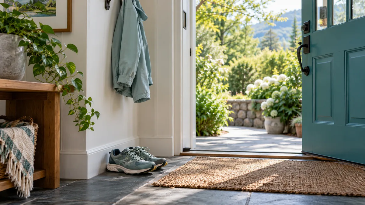 A pair of walking shoes placed beside the front door with a light jacket on a hook
