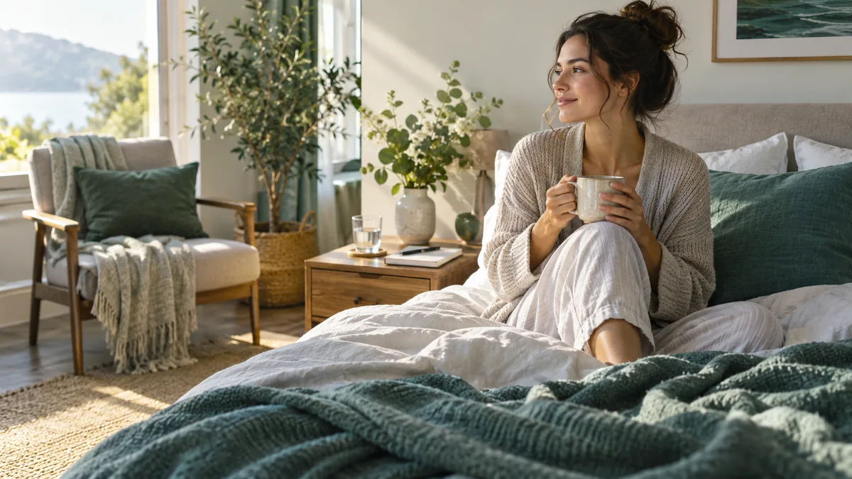 A softly lit morning bedroom with a chair, a glass of water and a journal on a bedside table