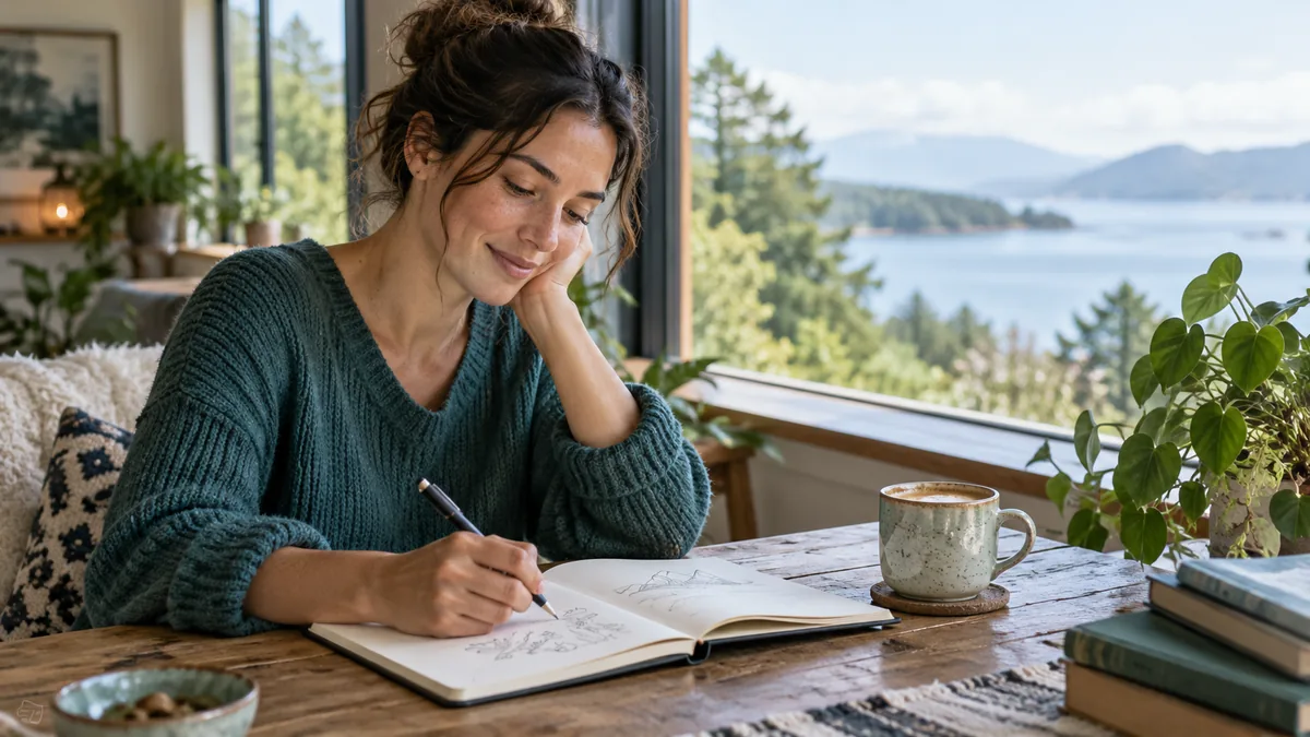 A person sketching ideas in a blank notebook beside a window with a cup of coffee