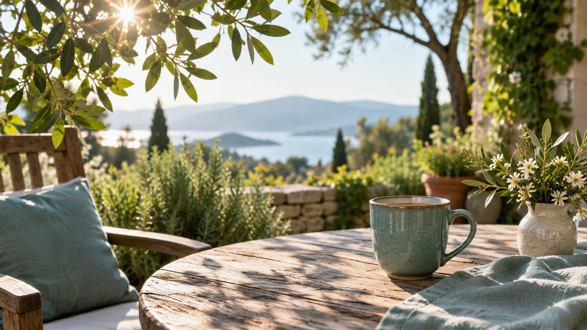 A close view of morning sunlight through leaves with a ceramic cup on a garden table