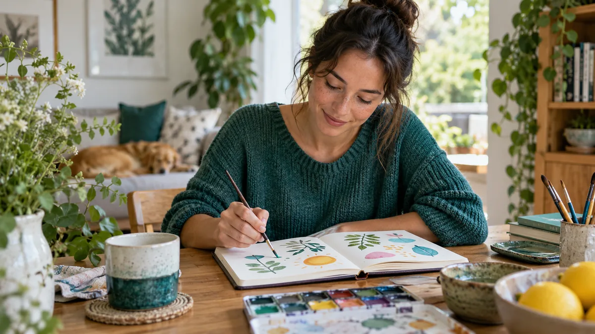 A person painting small colorful shapes in a sketchbook at a relaxed home table