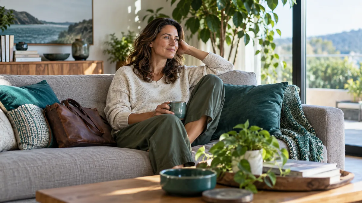 An adult person sitting comfortably on a sofa after putting down a work bag, afternoon light
