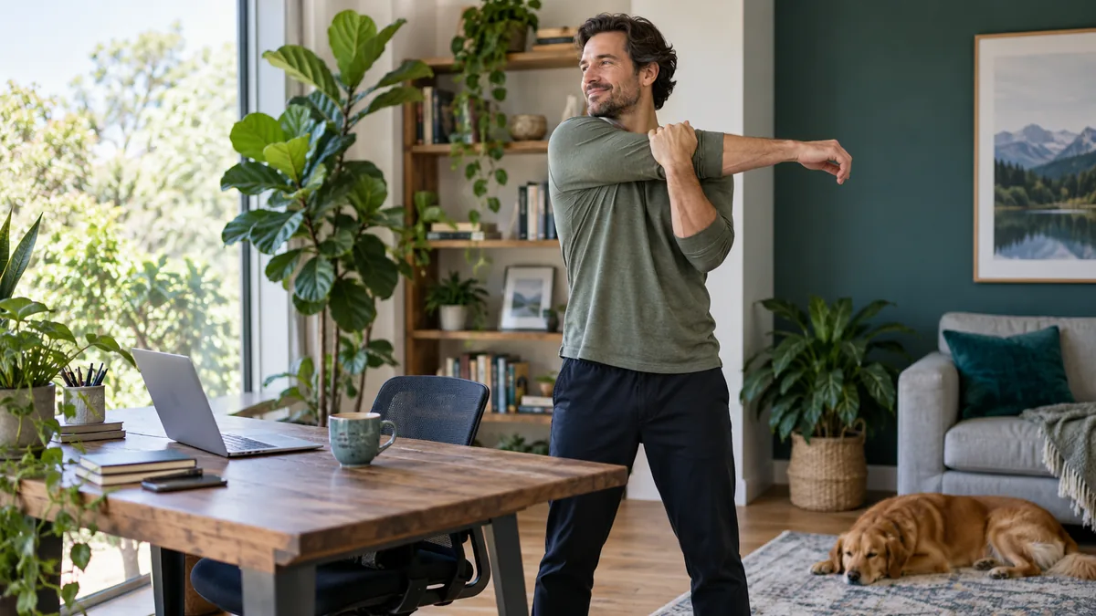 A man taking a short standing movement break beside a home office desk