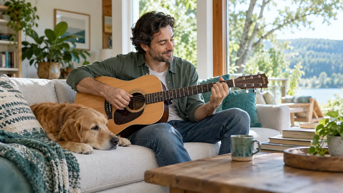 An adult man playing an acoustic guitar in a bright comfortable home, relaxed candid moment
