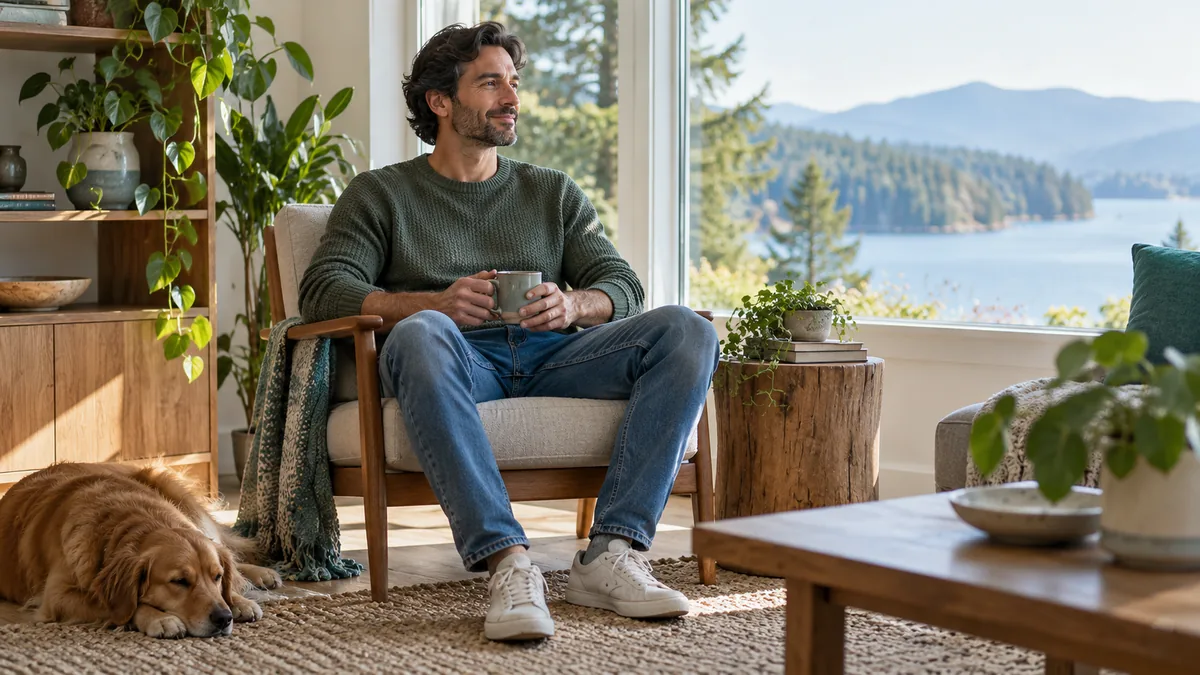 An adult man seated comfortably with feet on the floor, relaxed shoulders, by a bright window