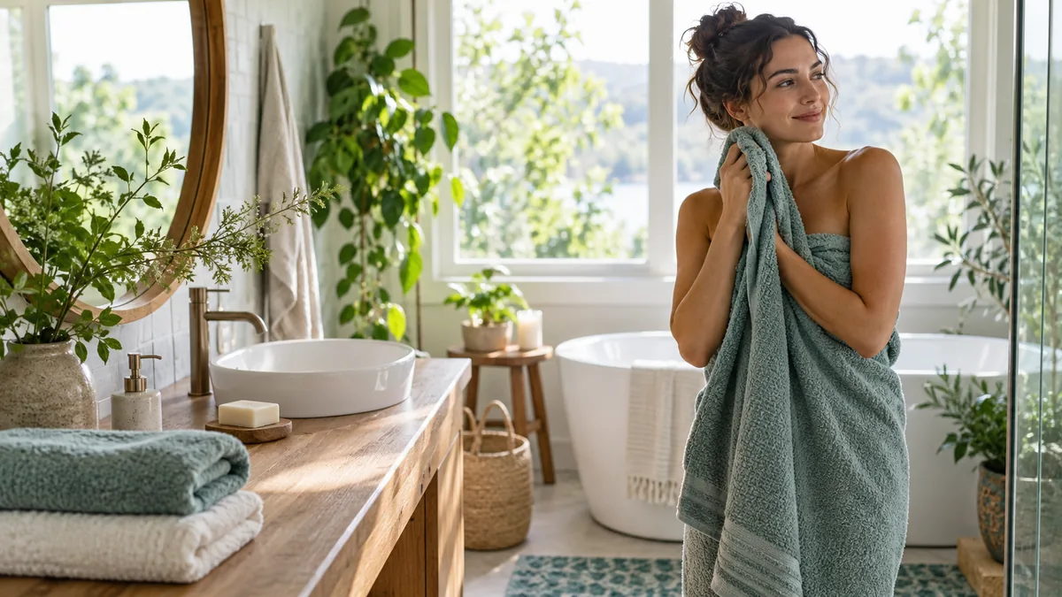 A clean inviting bathroom with folded cotton towels, plain soap and gentle natural window light