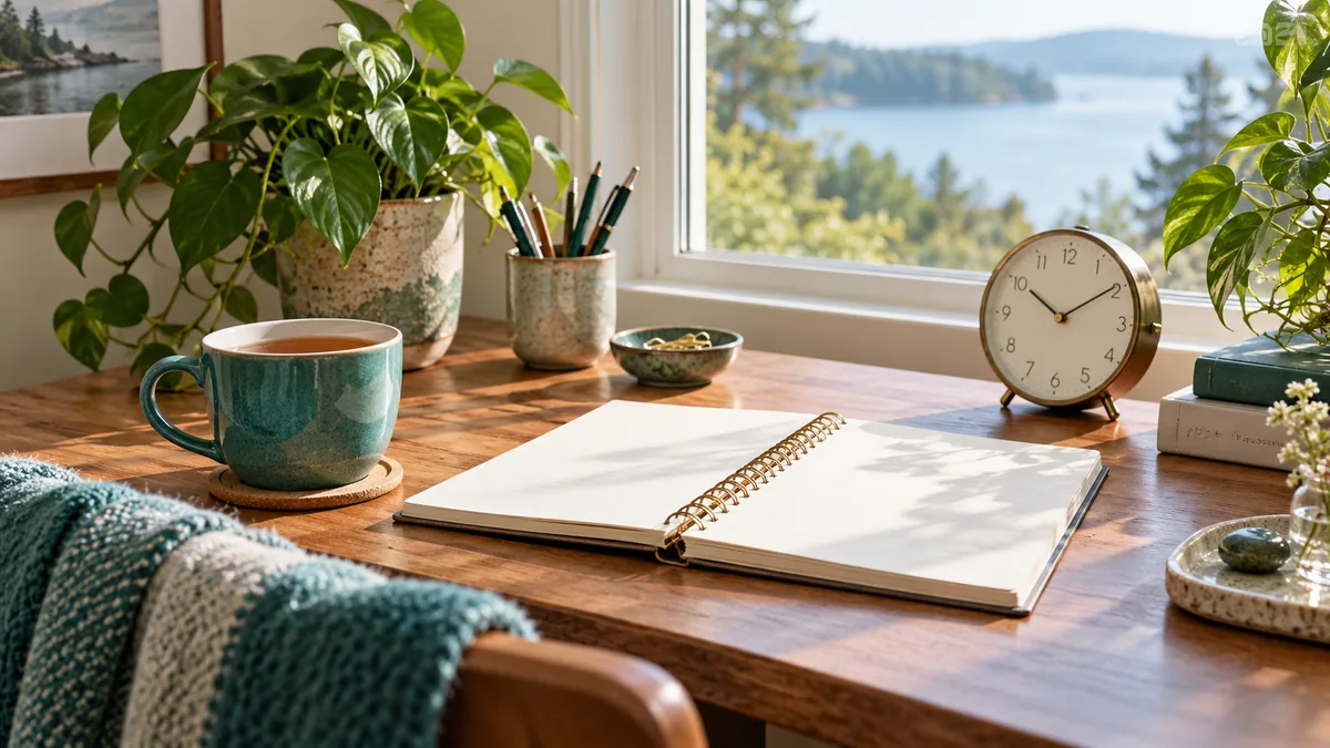 A tidy desk with a blank notebook, analog clock and a single cup of tea in natural light