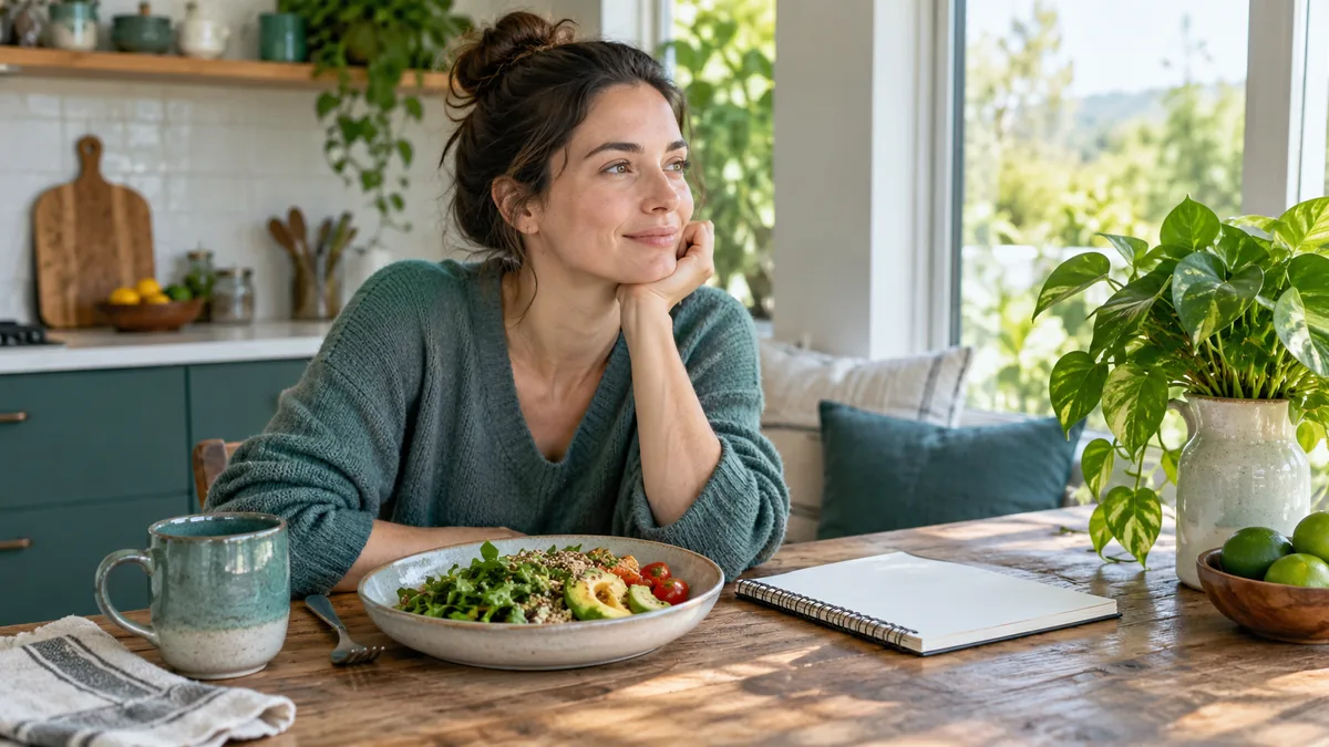 A calm kitchen table with a simple meal, blank notebook and a leafy plant by the window