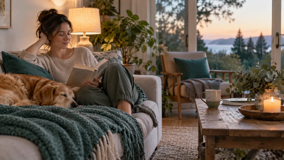 A calm evening living room with a soft reading lamp, book and folded blanket
