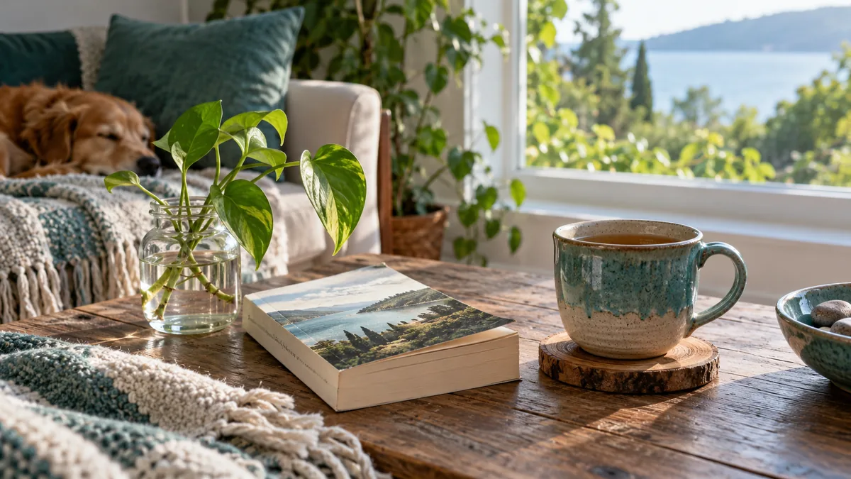 A paperback library book, a small plant cutting in water and a homemade cup of tea