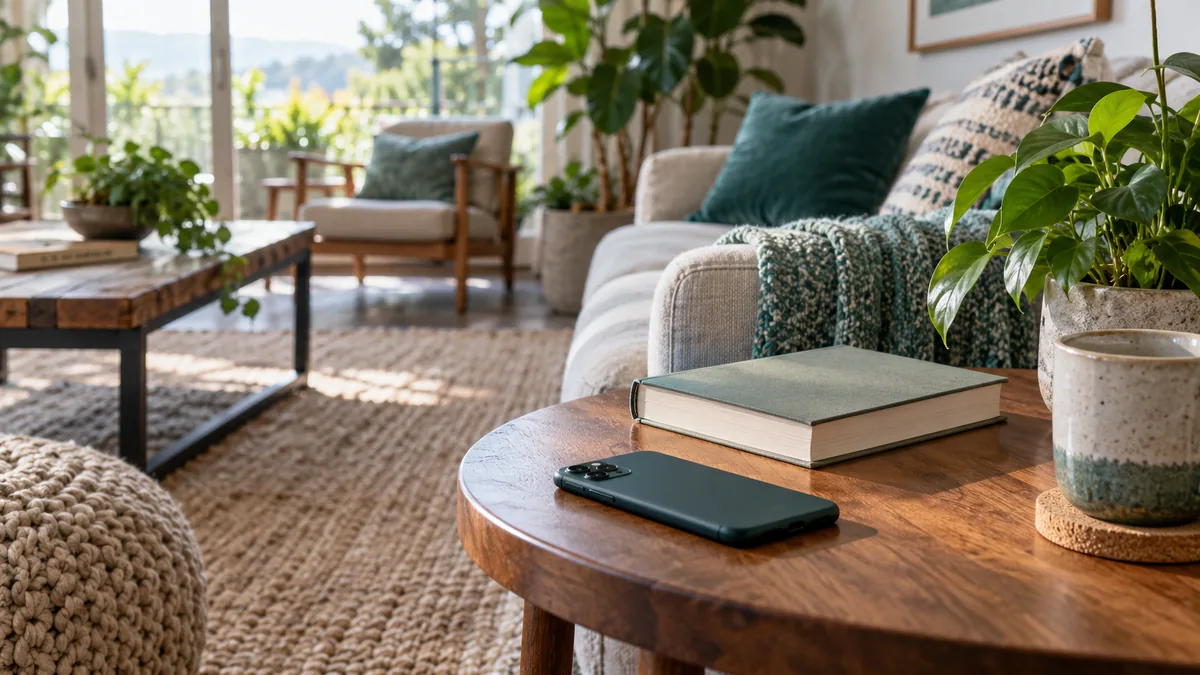A phone resting face down on a side table beside a book in a comfortable living room