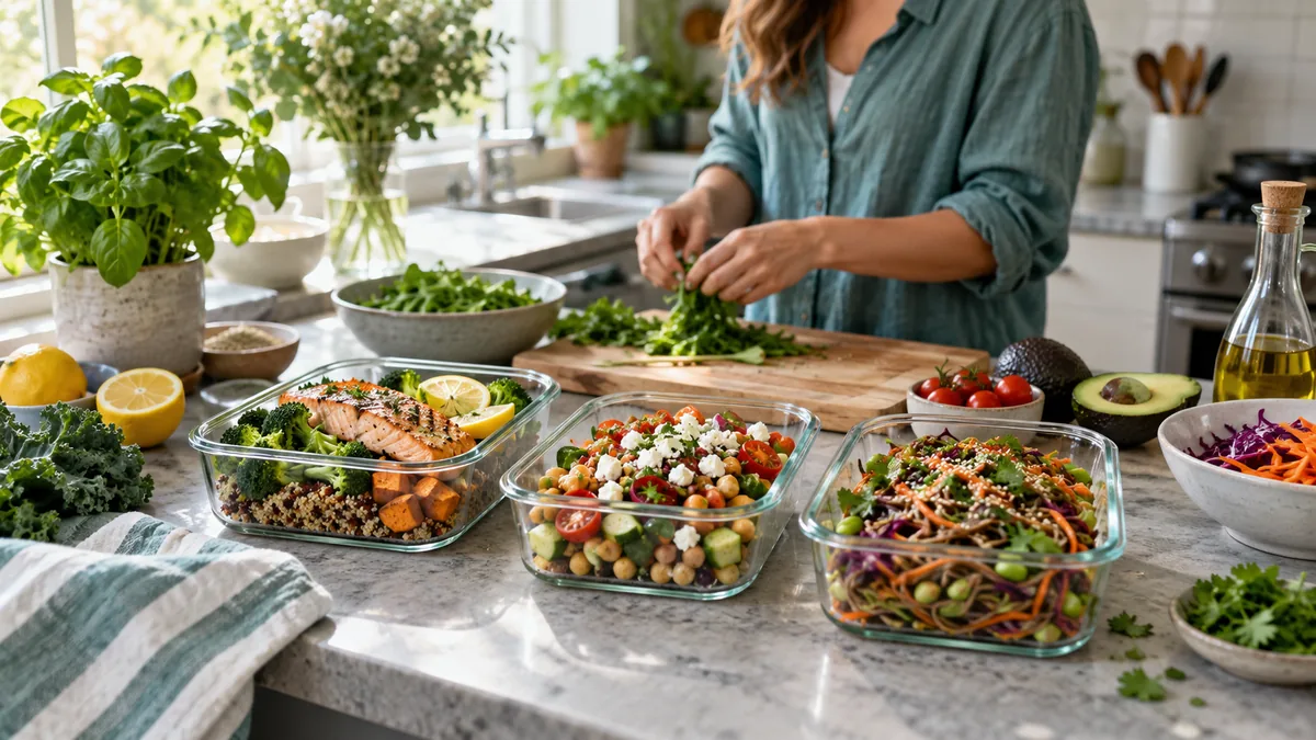 A home kitchen counter with three different prepared meals in glass containers and fresh ingredients