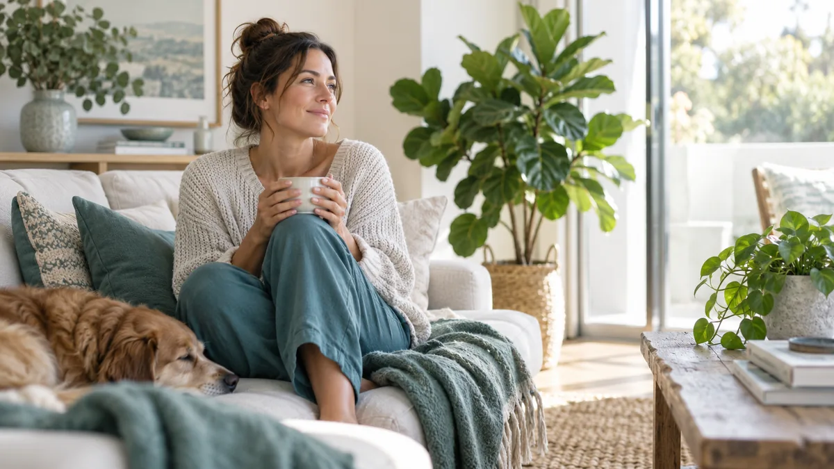 A simple airy living room with a leafy houseplant, folded blanket and soft daylight