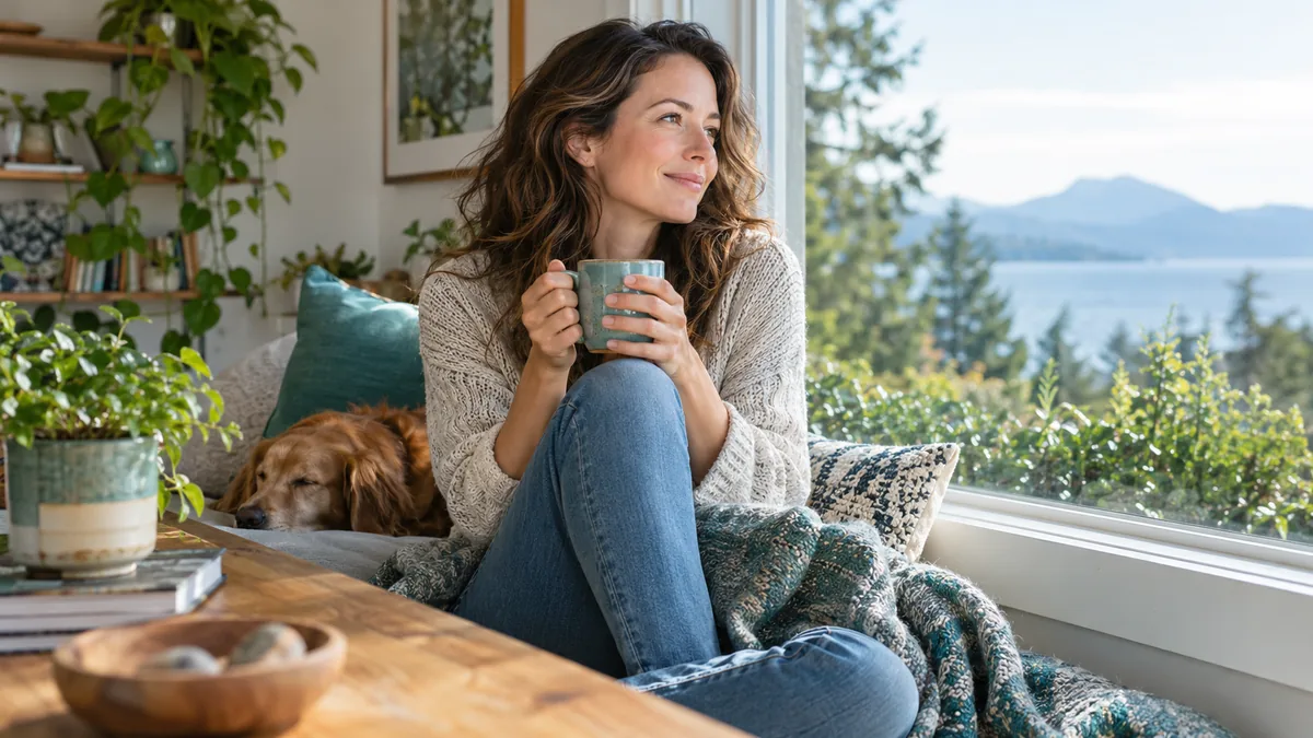 A woman seated by a window with a warm mug, kind thoughtful expression, casual clothes