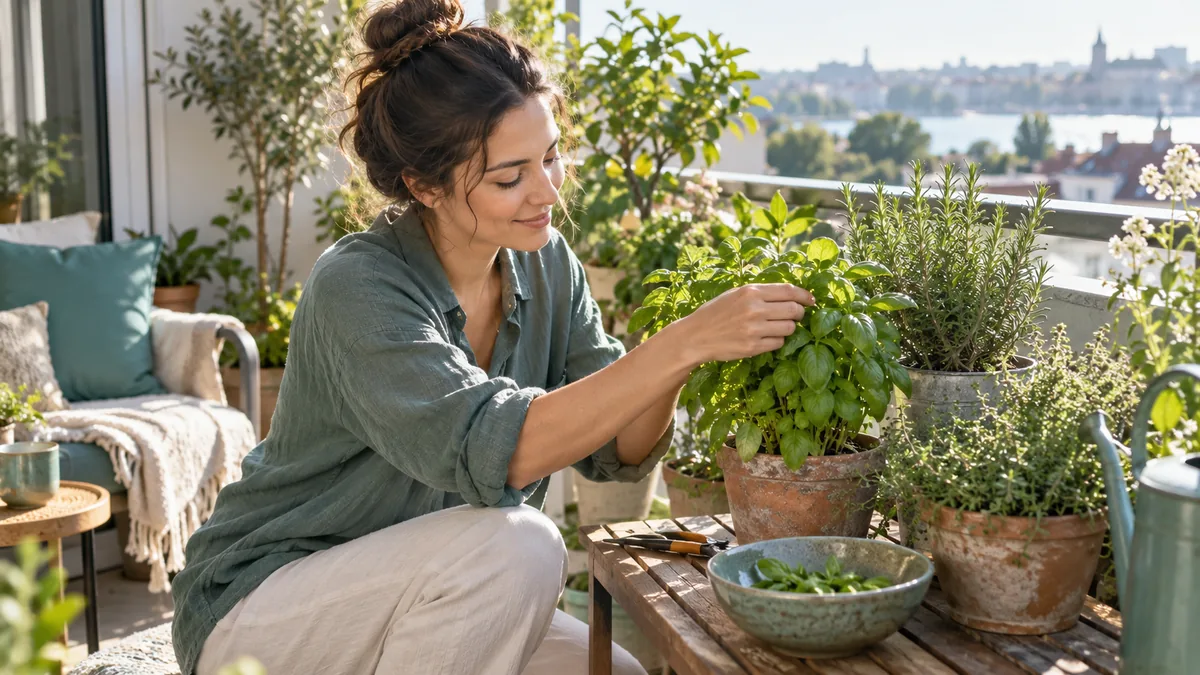 A person tending a small balcony herb garden in soft morning light