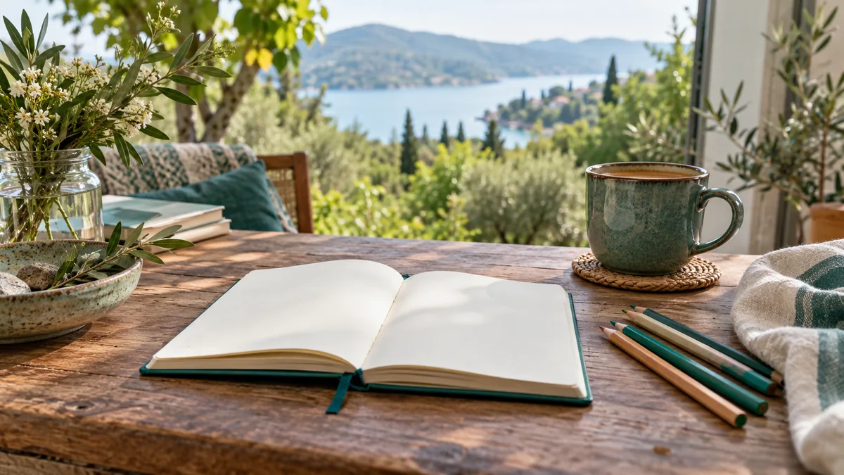A small open journal with blank pages, colored pencils and a ceramic cup in soft natural light