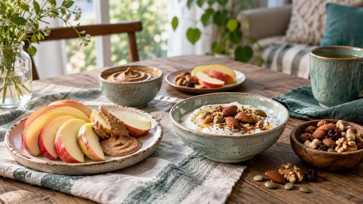 Apple slices, nut butter, yogurt and mixed nuts arranged as simple snacks on small ceramic plates