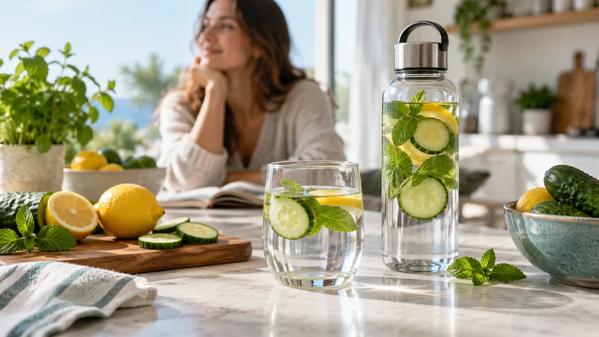A clear glass of water and reusable bottle beside lemon and cucumber on a bright kitchen table