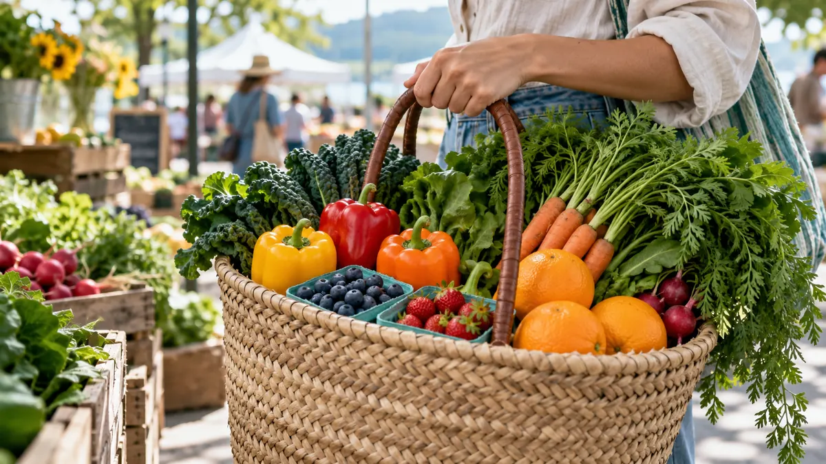 A farmers market basket filled with colorful bell peppers, leafy greens, carrots, berries and oranges